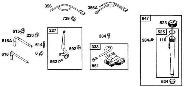 Controls, Elect, Oil Fill Diagram and Parts List for 28A707-0526-XX  Briggs and Stratton Engine